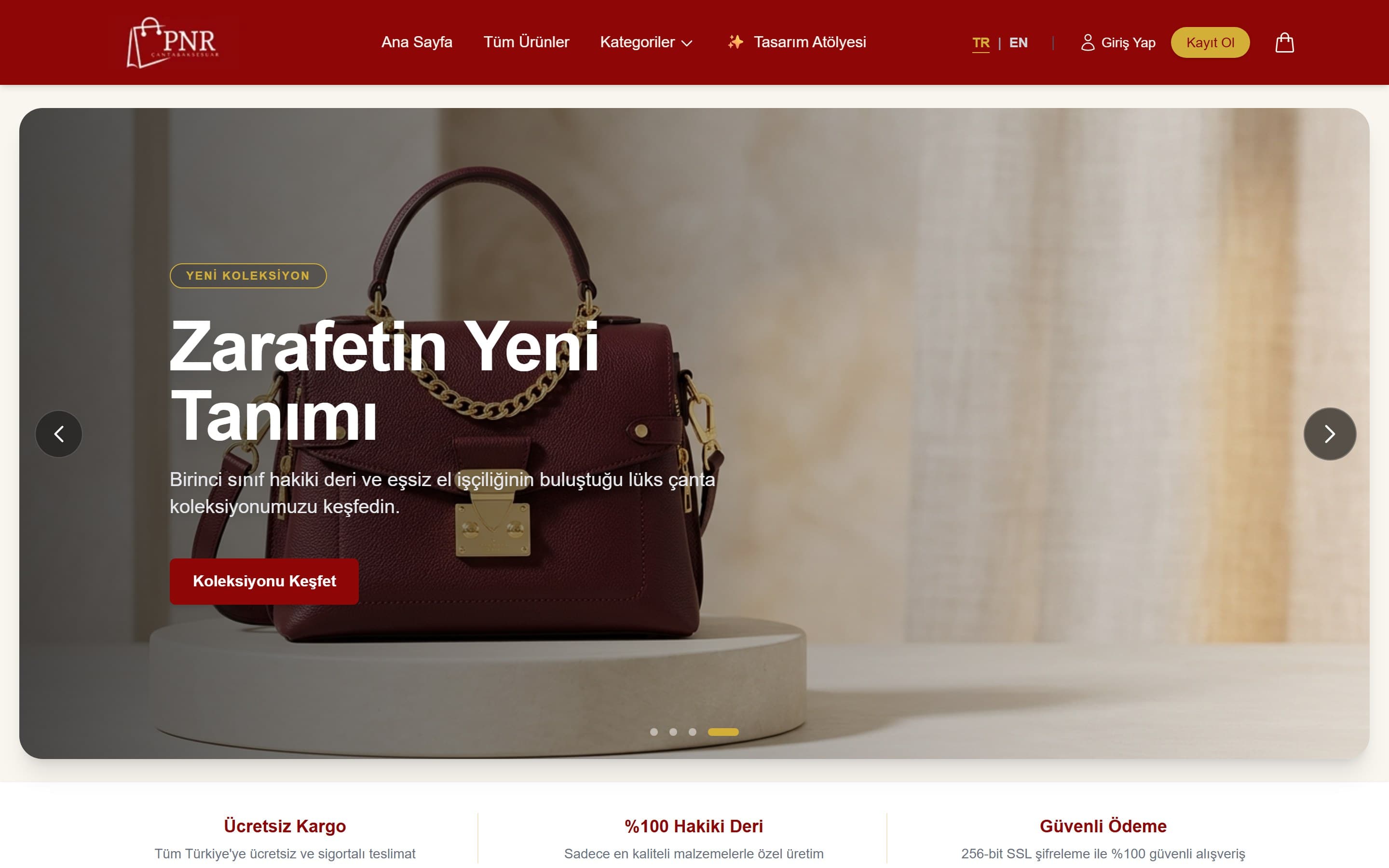 PNR e-ticaret platformunun ana sayfası: tam genişlikte ürün görseli üzerinde koleksiyon başlığı, üstte kategori menüsü ve sepet