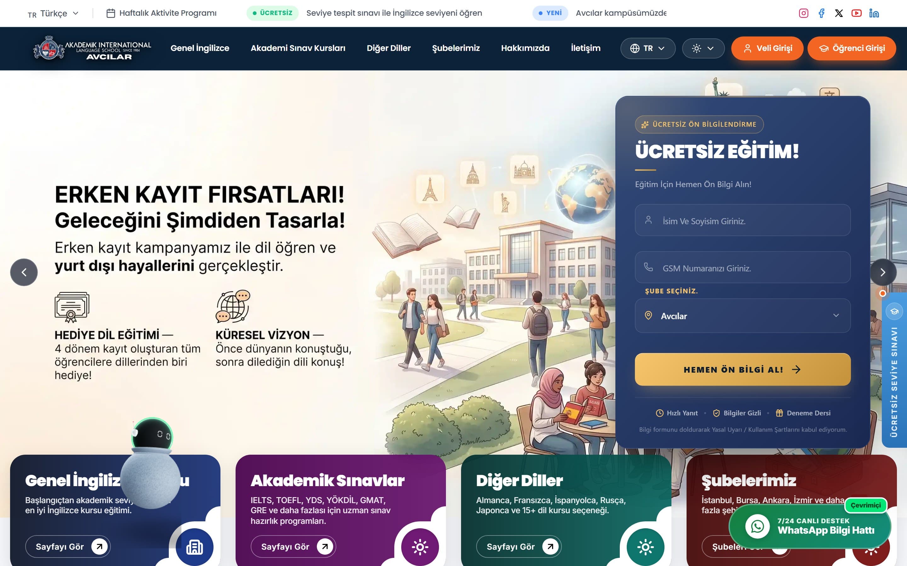 Eğitim kurumu sitesinin ana ekranı: sağda ön kayıt formu ve şube seçimi, altta program kategorileri